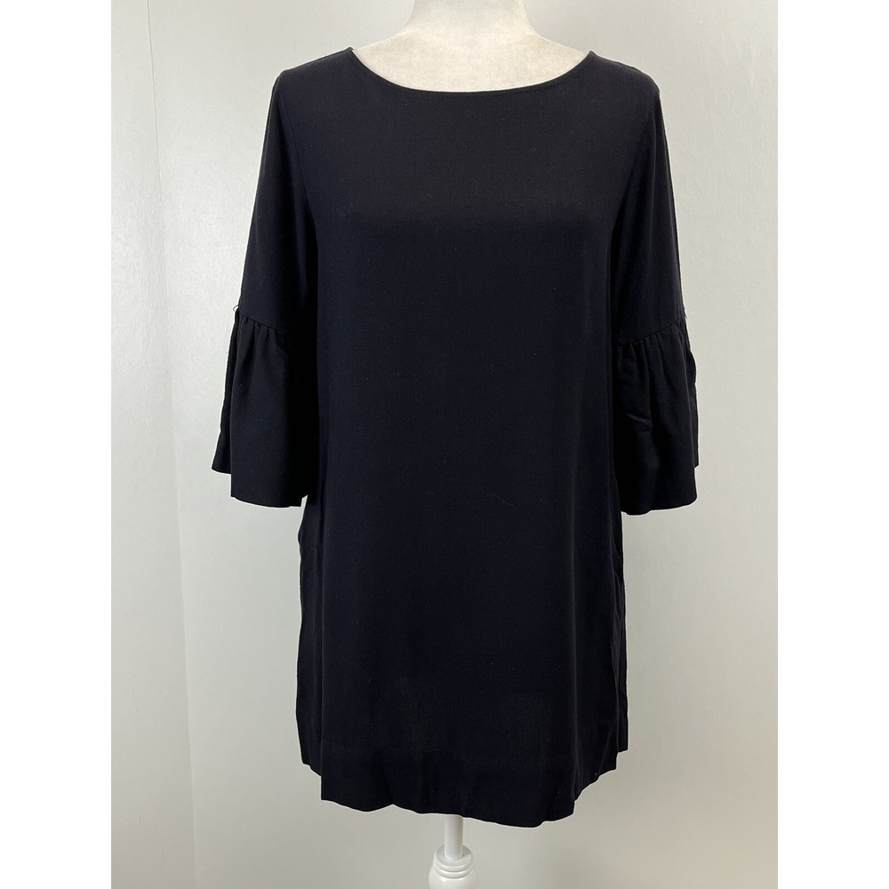 Megan Huntz Atlanta Designer Dress Sz Small GUC Navy Shift Fluted Bell Sleeves